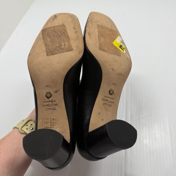 Stuart Weitzman Anicia 60 Black Leather Pumps Gold Buckle Size 5.5 Block Heel - Picture 12 of 13